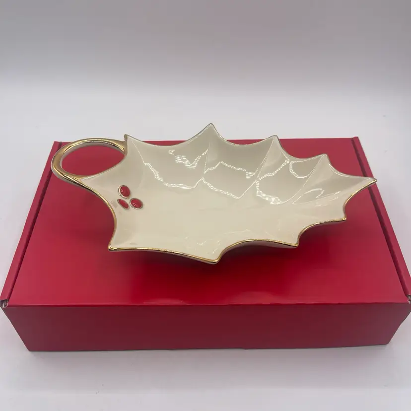 Lenox Holly Leaf Gold trim Candy/trinket Dish 9.25inches long