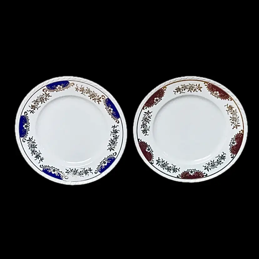 Vintage Bareuther Floral Dessert Plates Set Bavaria Germany Burgundy & Blue