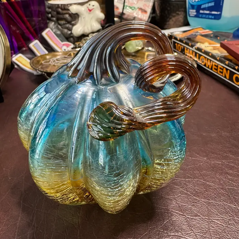 Blue & Amber Crackle Glass Pumpkin