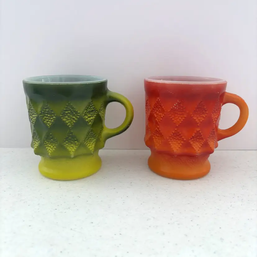 Vintage Anchor Hocking Kimberly Diamond Point Mugs Coffee Cup Retro Made USA Set of 2