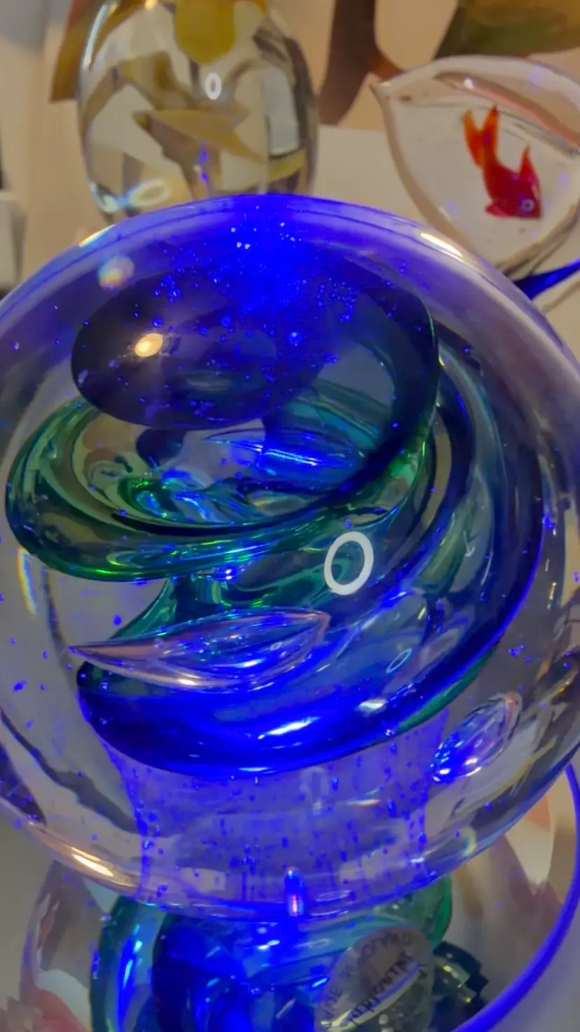 #21… Signed Jablonski Lead Crystal Orb Paperweight with Blue & Green Ribbon Swirls