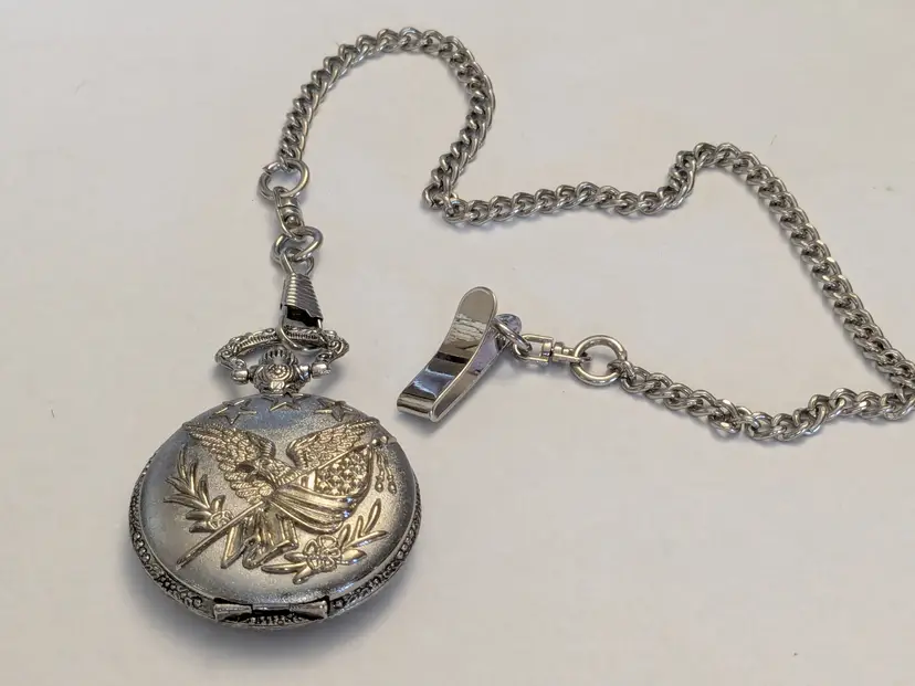 Folio Silver Gold Tone Quartz Analog Pocket Watch Eagle Design