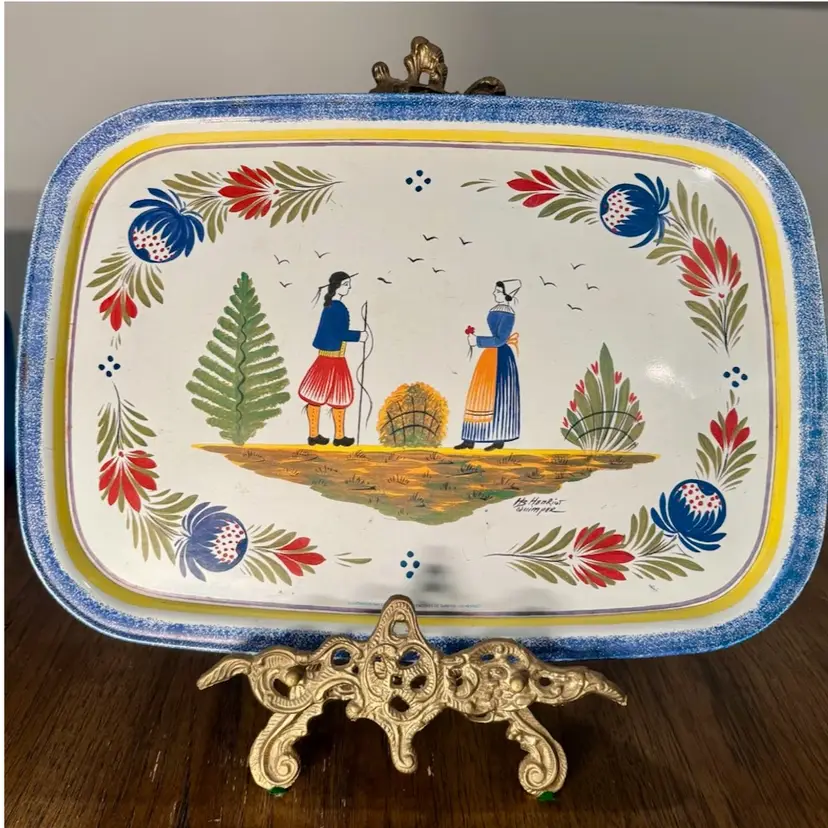 😻 16x11, vintage Henriot Quimper tin metal tray made in France by Massilly
