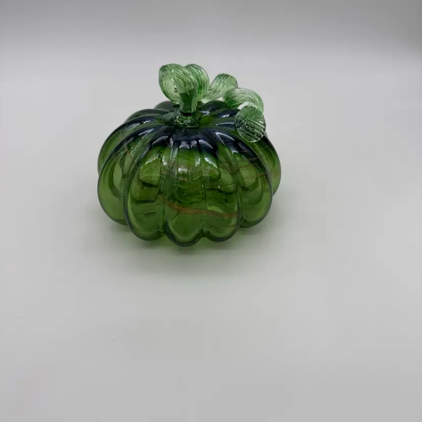 Green Harvest Pumpkin Gold Glitter Swirls & Twisted Vine Hand Blown Art Glass
