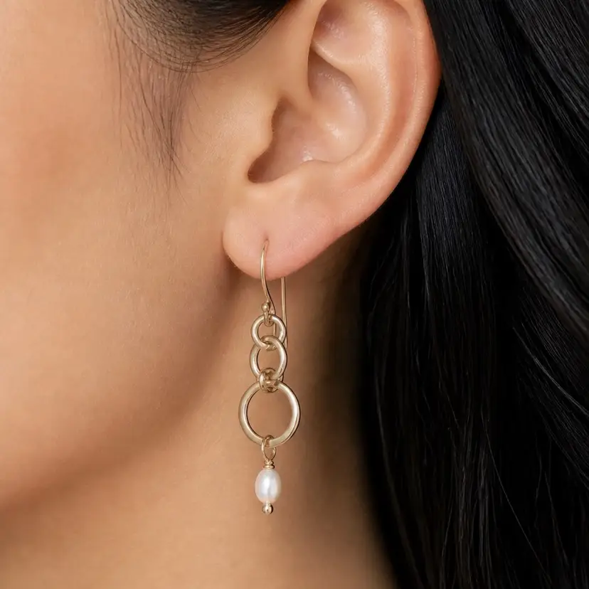 Sterling Silver Earrings With Three Ring And Fresh Water Pearl Drops- Woman’s Jewelry