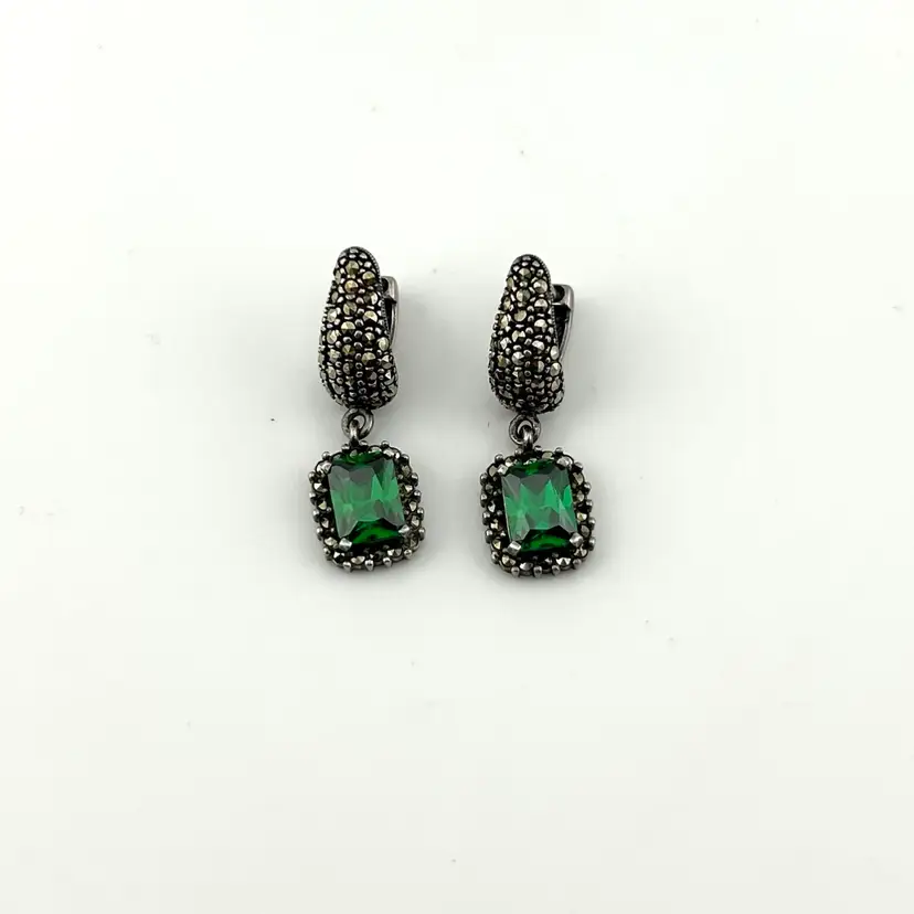 Sterling Silver Marcasite Green Stone Pierced Lever Back Earrings 1.25”