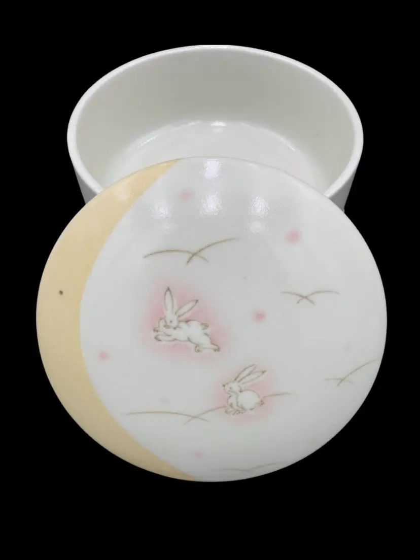 Yumeji Takehisa (Japan) Pastel Rabbit Bunny Mino ware Zodiak Moon Ceramic Bowls