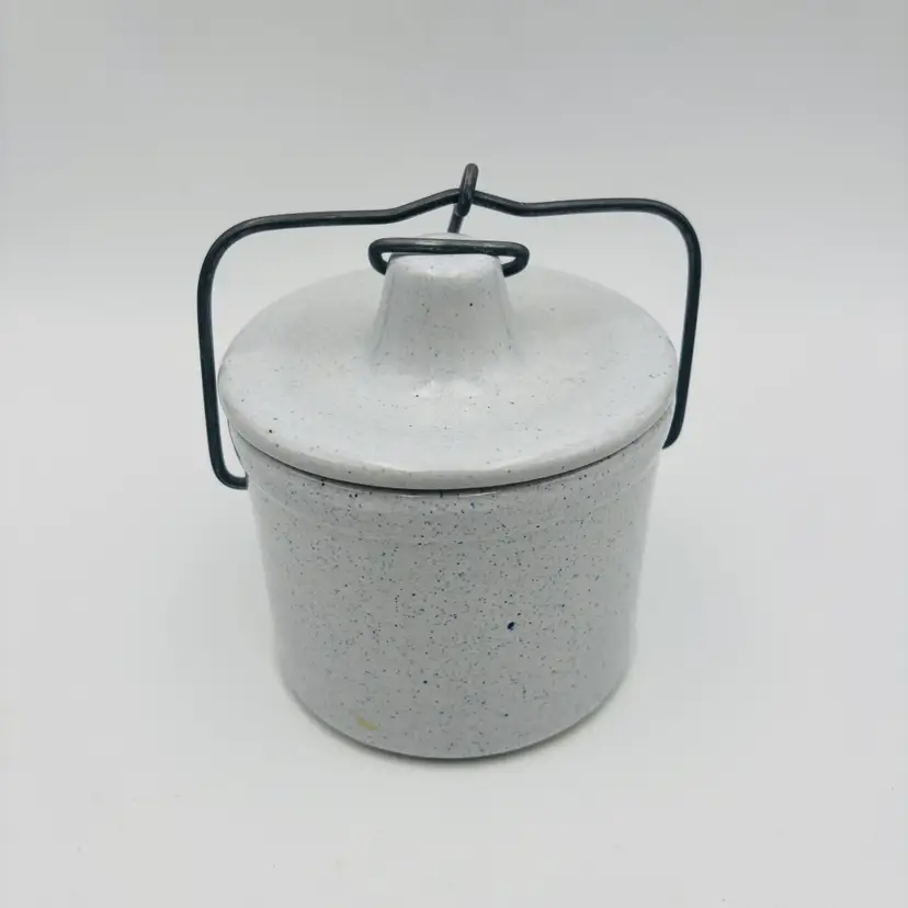 Vintage Blue White Speckled Spatterware Stoneware Cheese or Butter Crock