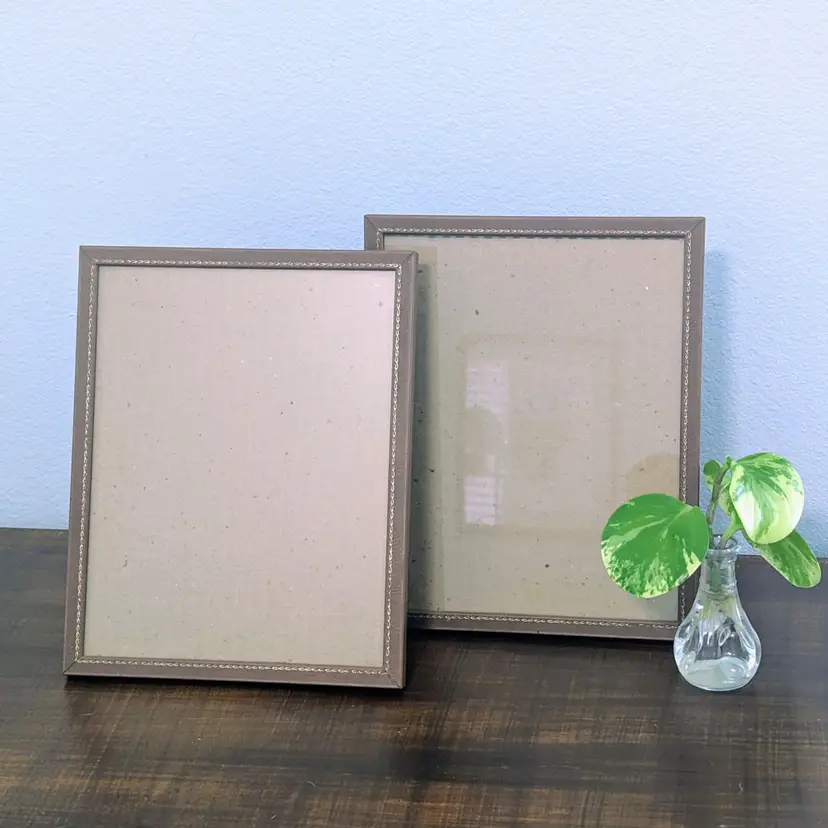 Vintage Pair Faux Leather Picture Frames 8x10 Brown Gold Braided Trim Tabletop Wall