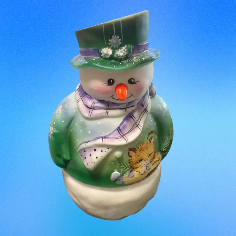 Fenton 7” Snowman With Kitten Signed Dated Stamped Numbered 19/19, Milk glass Hand painted 2 Piece FAIRY LAMP