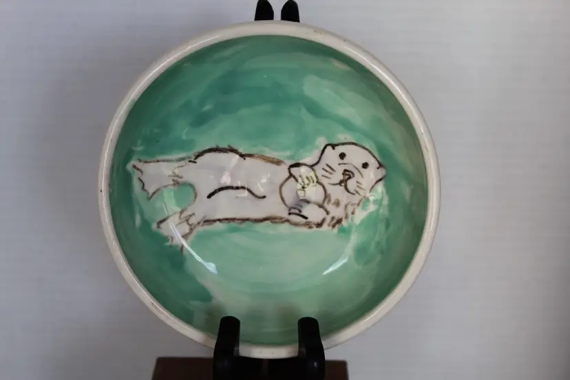 Vintage Handmade, Hand painted Pottery Bowl, 5.75 Diameter, Sea Otter Design