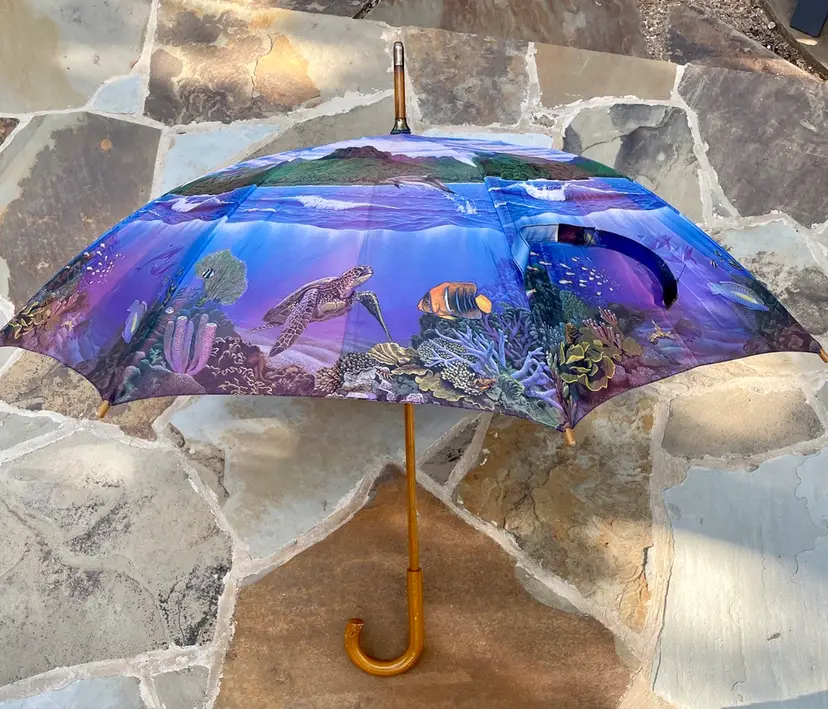 Ocean Sea Life Turtle Angel Fish Coral Umbrella with a Wooden Handle