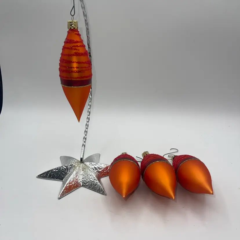 Christborn Blown Glass Ornaments Teardrop 5 1/2 Inches Orange Colors Set Of Four