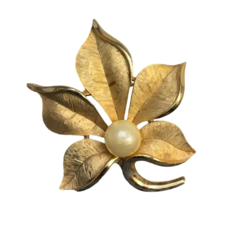Signed Trifari Golden Pearl Leaf Pin 2”