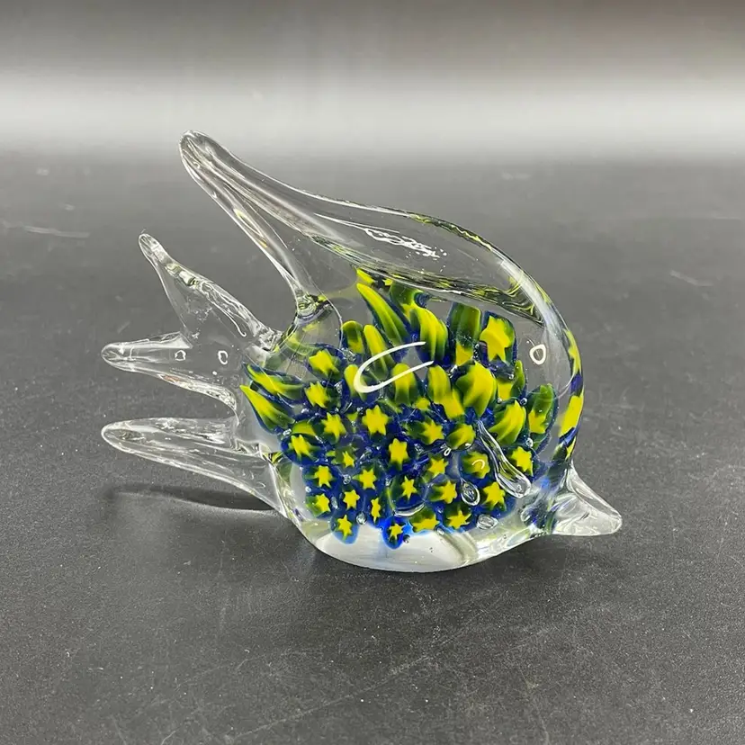 Art Glass Fish Figural Paperweight VTG Blue Yellow Stars Tropical Beach Ocean