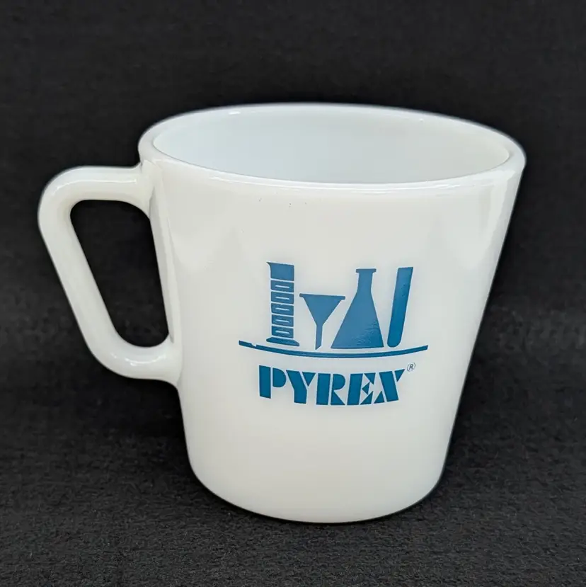 Vintage Corning Pyrex Lab Tools Mug Milk Glass Blue Letter Stamped 10 oz Cup