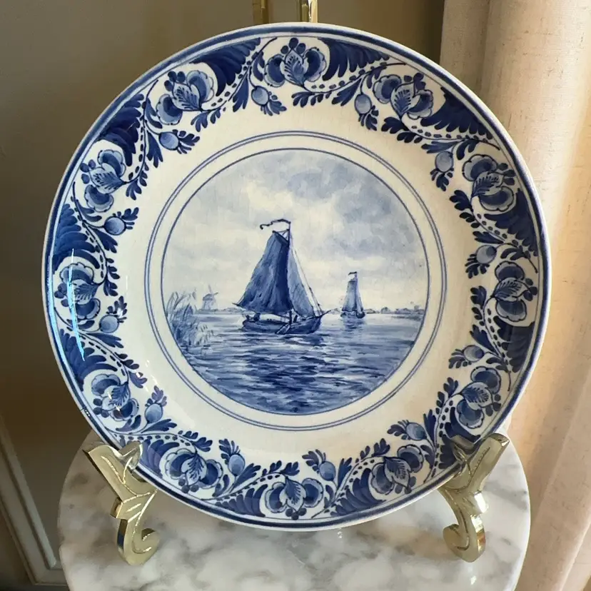 🔔 Vintage 1949 Royal Delft Blue Hand Painted Sailboat Wall Plate Porceleyne Fles 487