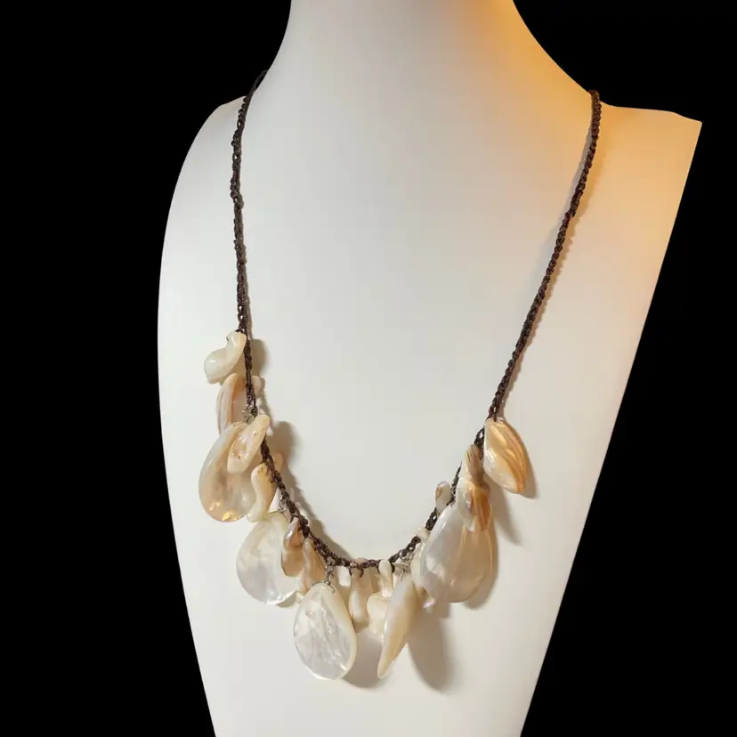 32 Boho 27” Necklace with White Mother‑of‑Pearl Shell Petals – Statement Beach Jewelry