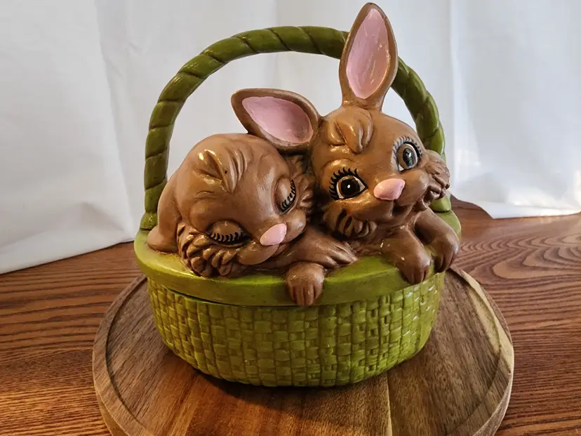 Adorable Bunny Basket Figurine ceramic trinket basket