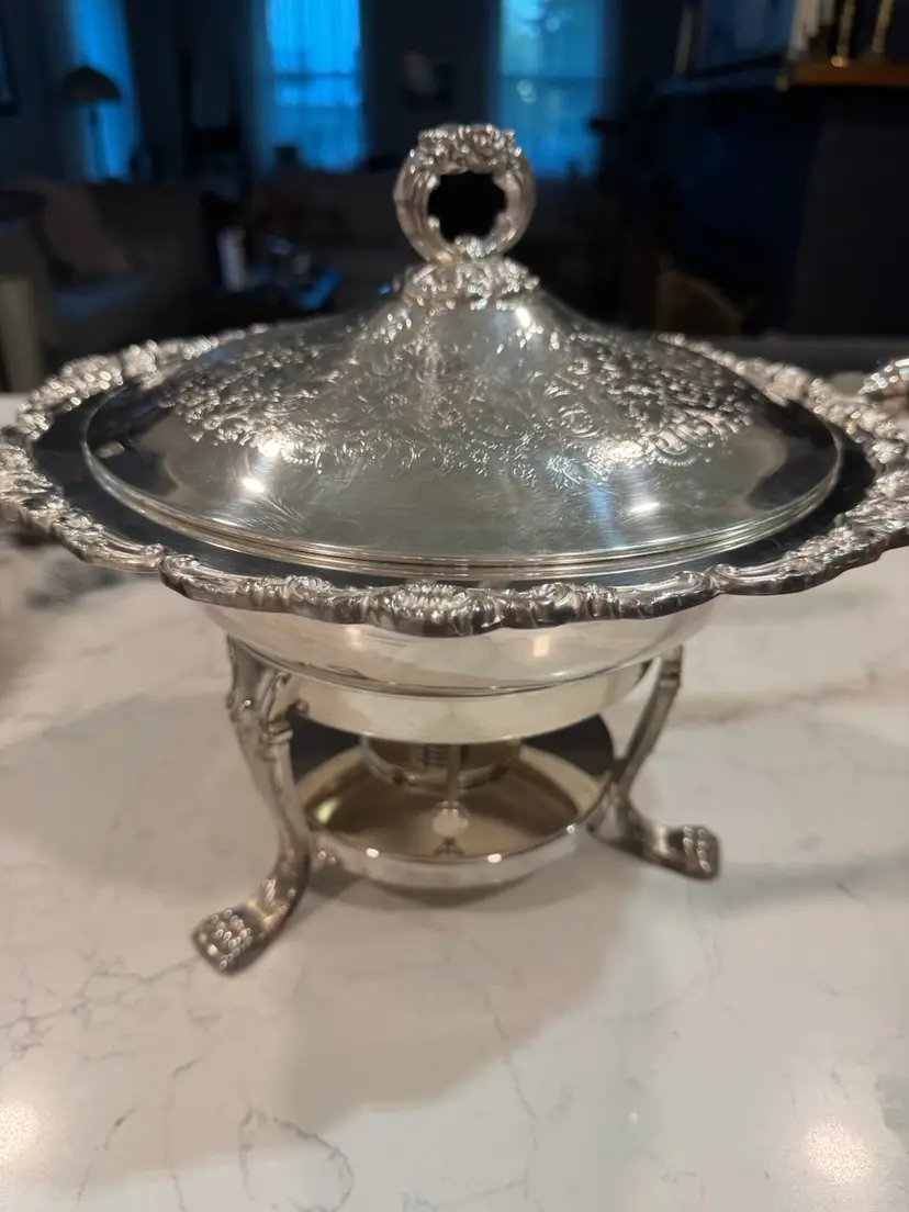 Stunning Silver Plate Chafing Dish With Stand And Heating Light