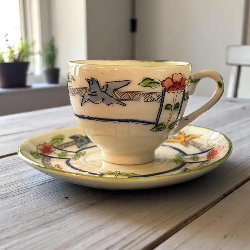Japanese Hand Painted Bird & Floral Demitasse Cup and Saucer, Art Nouveau Porcelain Tea Set, Cottagecore Tea Cup, Collectible Espresso Cup