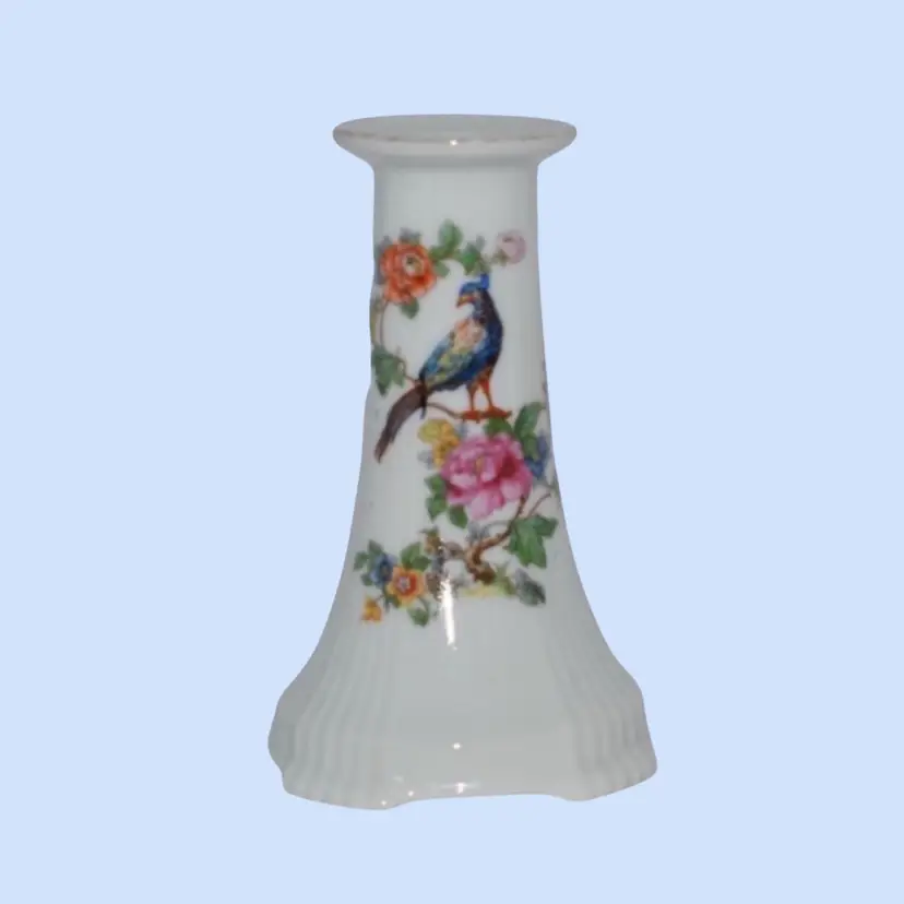 #050- 6”  Vintage Taper Candle Holder  
Porcelain Bird Pheasant Flowers 
Marked Czech Slovakia