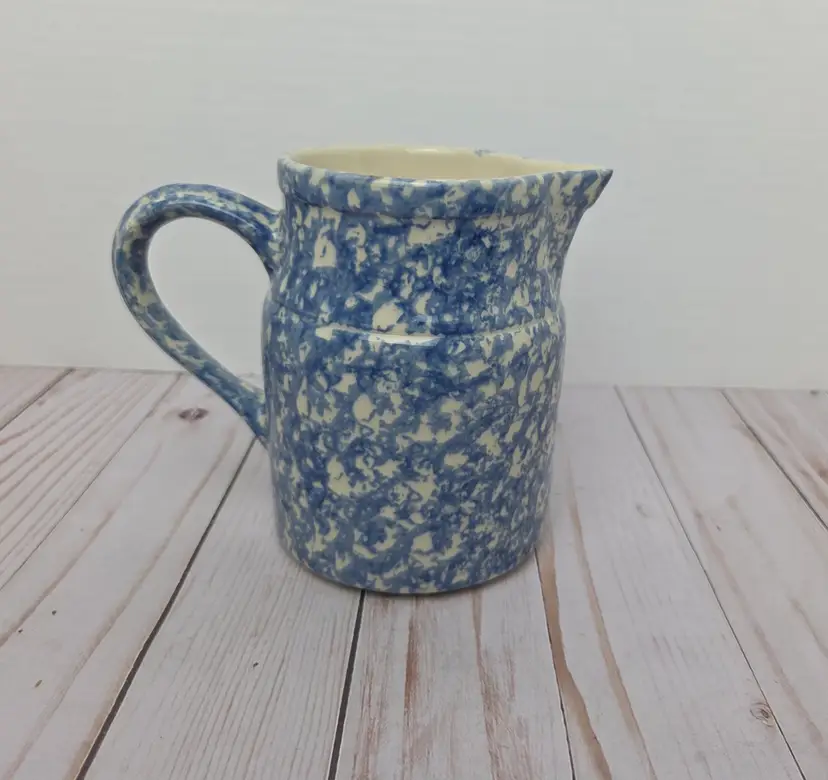 Workshops of Gerald E. Henn Blue Spongeware 6 Inch Pitcher Roseville, Ohio