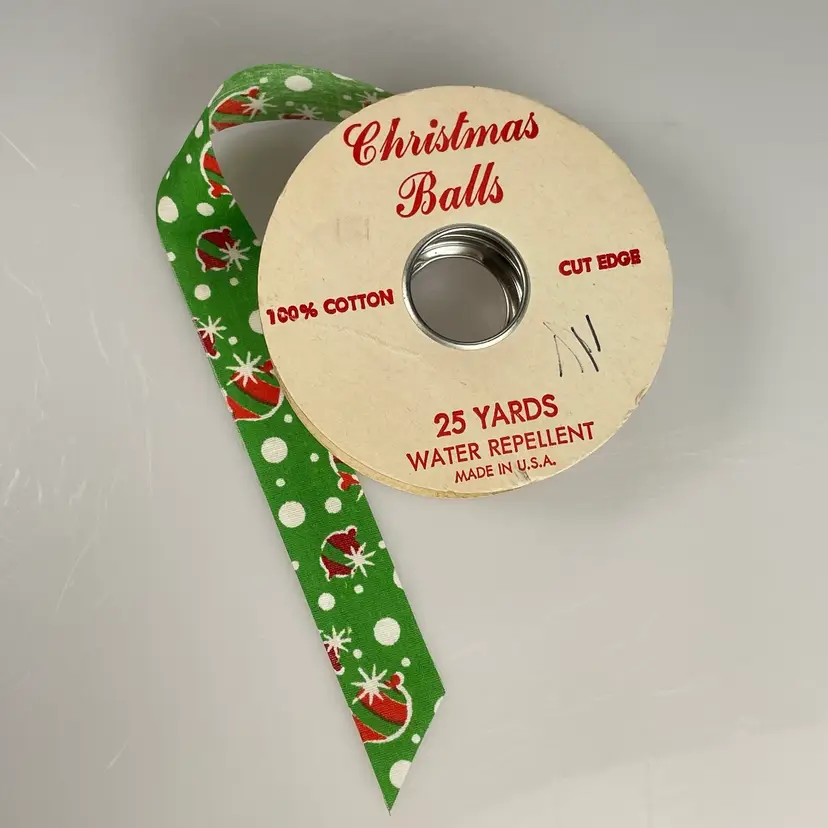 Christmas Balls Ribbon 100% Cotton 7/8 Inch Green & Red Ornament Print, Used