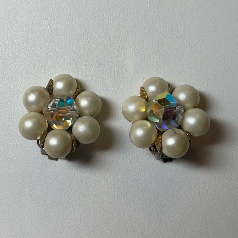 #28 - Aurora Borealis AB And Faux Pearl Clip On Earrings