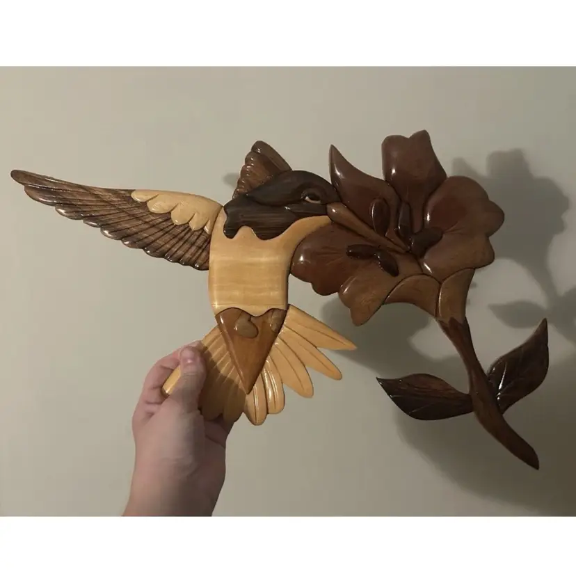 Vintage Hand Crafted 3D Intarsia Wood Wall Art Hummingbird