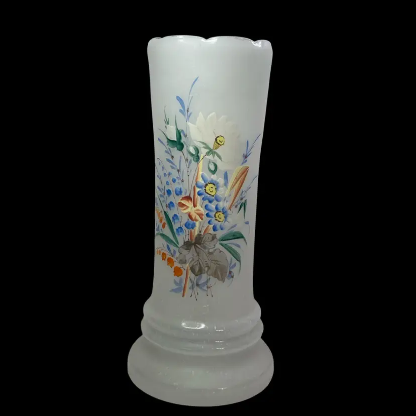 Antique, Handblown, Hand Painted, White Opaline Bristol Glass Vase