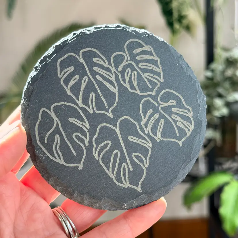 Slate Coaster with Monstera Line Art