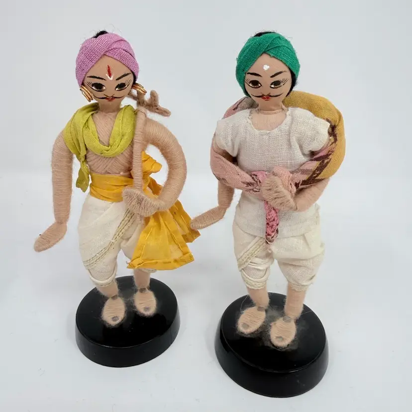 Pair of Vintage Handmade Indian Folk Art Cloth Dolls