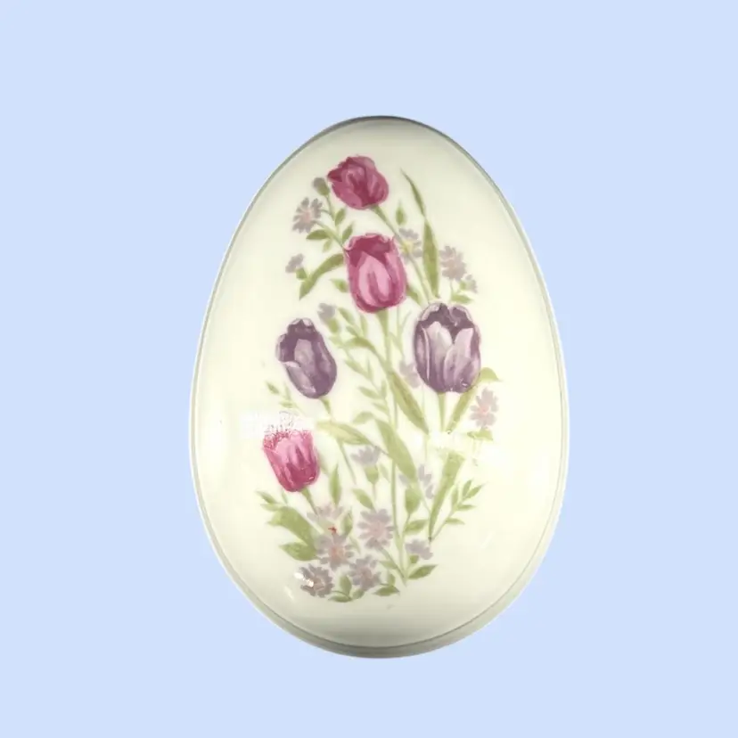 #424- Vintage Lefton Trinket Dish Hand Painted Ceramic Porcelain Egg Purple Tulips