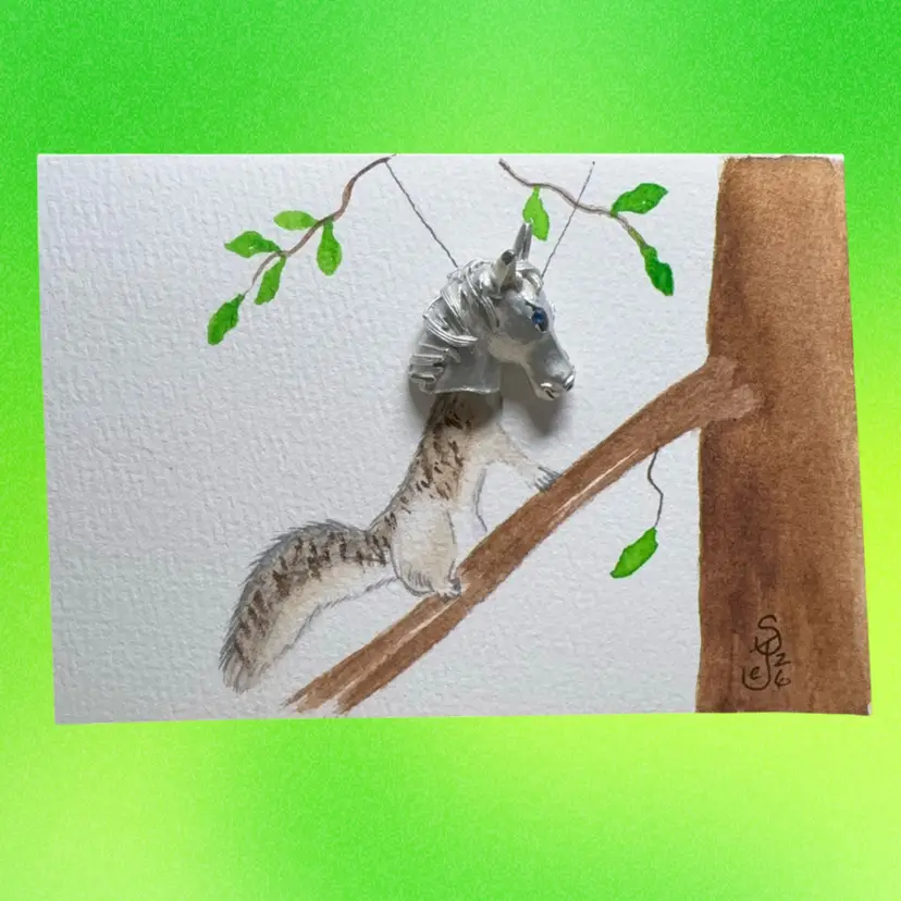 Original Watercolor Card Squirrel In Horse head Feeder 5 X 3.5”