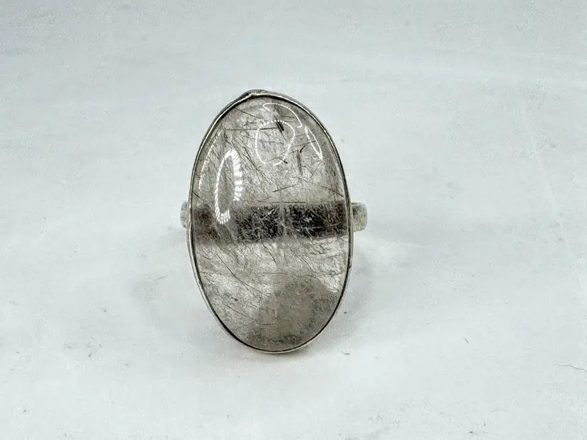 Handmade Sterling Silver Rutilated Quartz Oval Statement Ring 4.6g size 9 JR2092