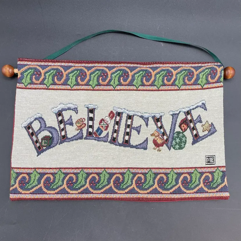 Mary Engelbriet Believe Hanging Tapestry Vintage Christmas Holiday Decor