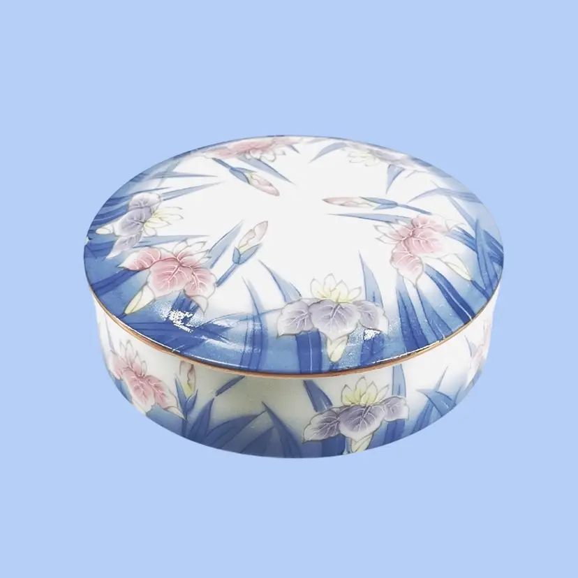 #313- Trinket Box 3” Porcelain By Otigiri - Japan Hand Painted Pink & Purple Iris Blue w/ Gold Trim