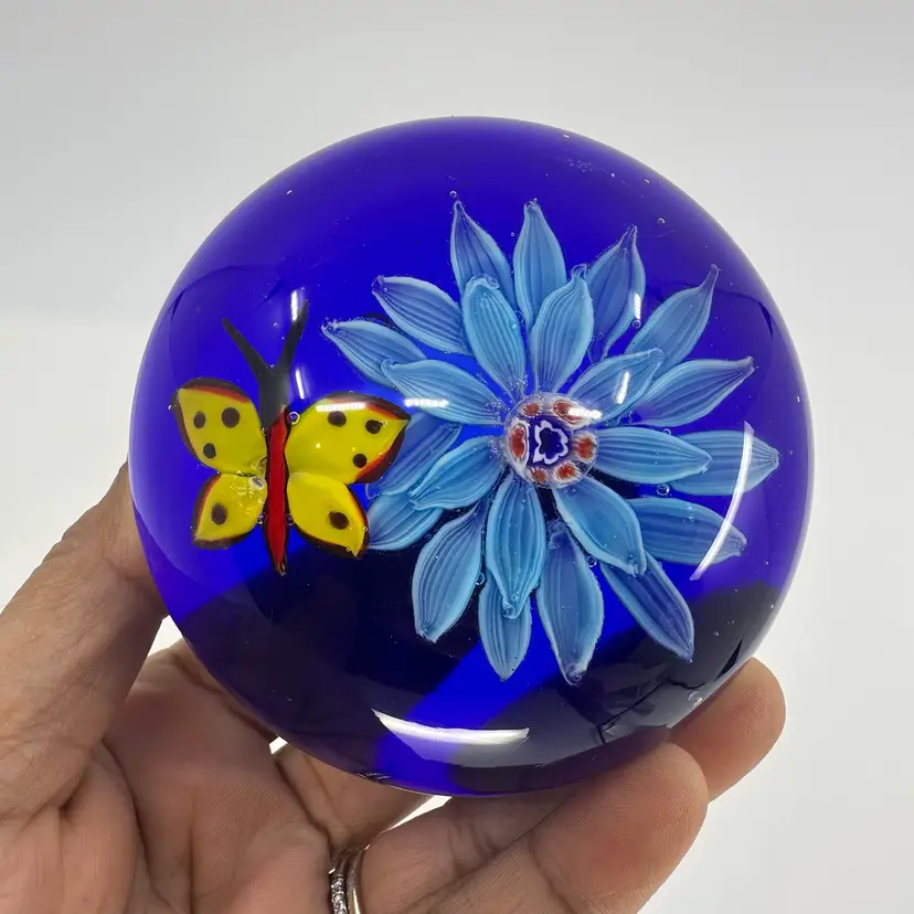 Cobalt Blue Butterfly & Floral Art Glass Paperweight Unsigned