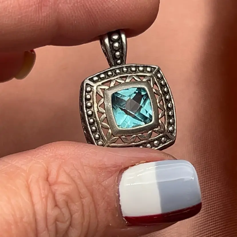 Vintage Sterling Silver 925 Blue CZ Pendant ¾” Square Statement Pendant