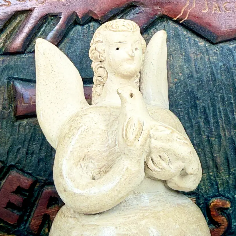 Guatemala: Chinaulta Ceramic Angel Candleholder w/Peace Dove. 1980s 6.5”x3”