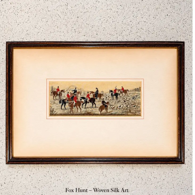 😻 13x9” Vintage Framed Woven Silk Fox Hunting Scene | Stevengraph Style | English Equestrian Wall Art in wood frame