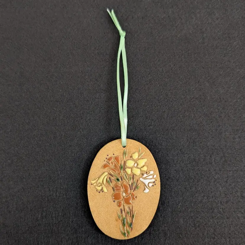 Handmade Ceramic Art Pottery Floral Wall Hanging Ornament 2 x 2.75" Oval Signed