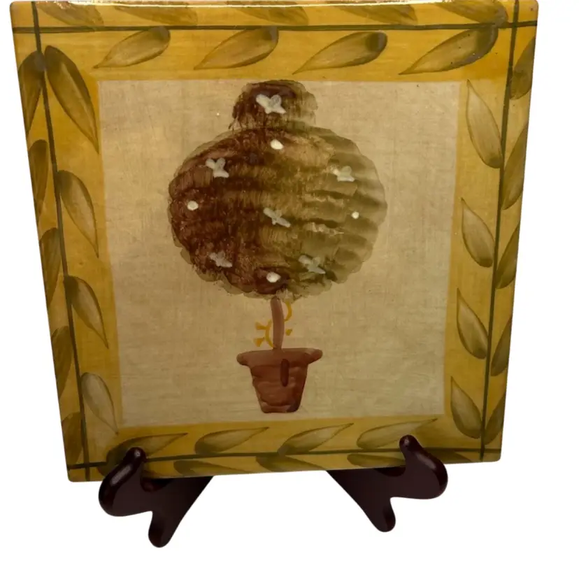 Hand Painted Italian Ceramic Tile Trivet Featuring Topiary Tree And Olive Branches 8x8
