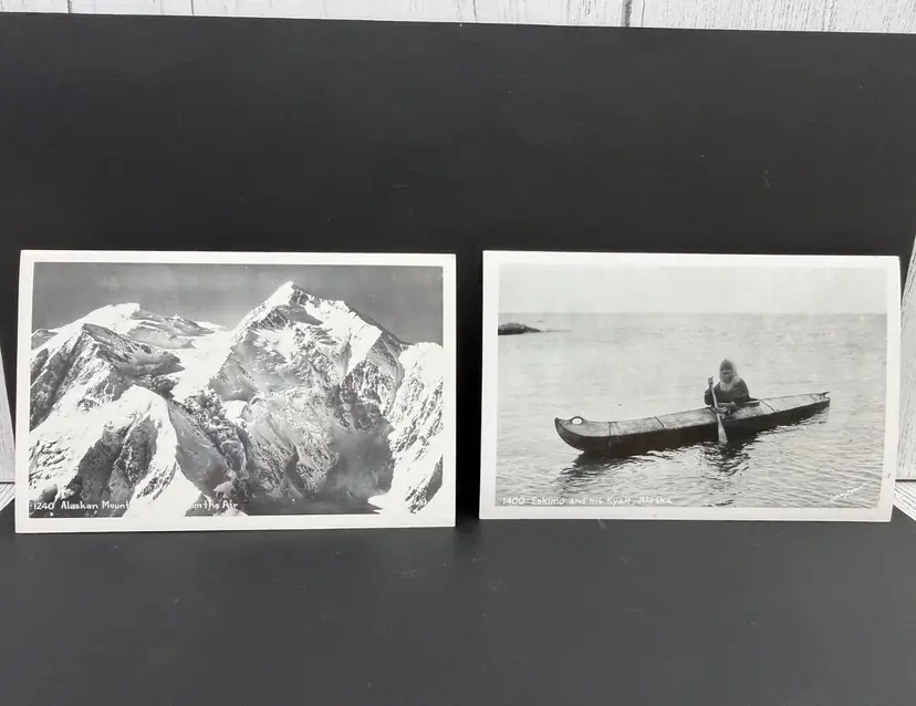 Lot of 2 Photo Postcards Alaska Eskimo Kyak Kayak Mountains Kodak Post Card Vtg8