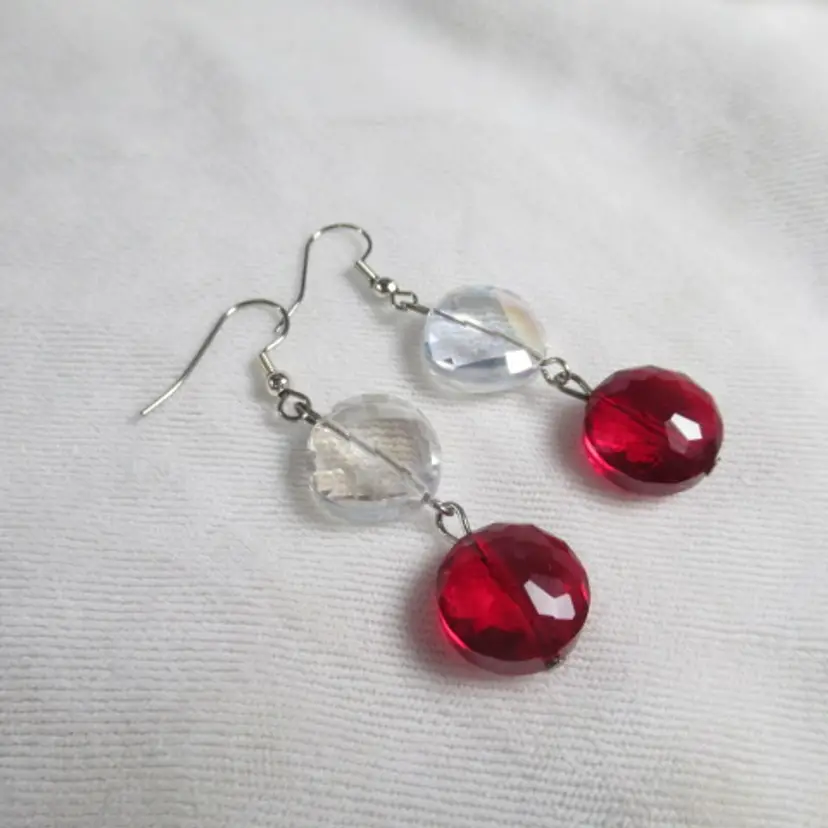 Bright Red and Clear Glass Coin shaped Beaded Earrings, handmade