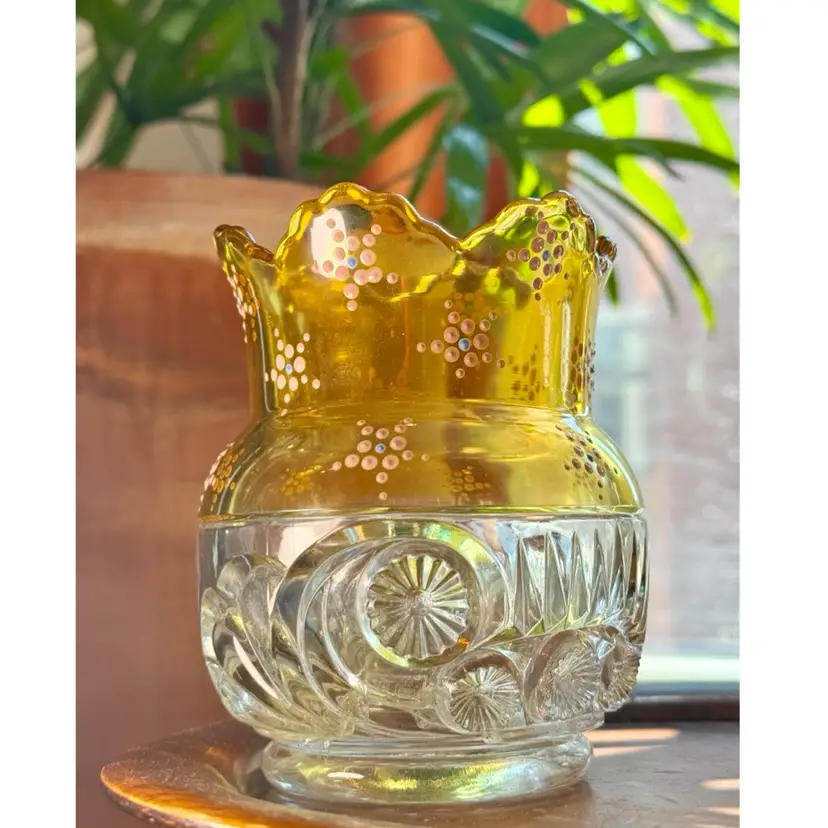 .😻 GLOWS antique 1896 vase is the "Esther" pattern by Riverside Glass Works