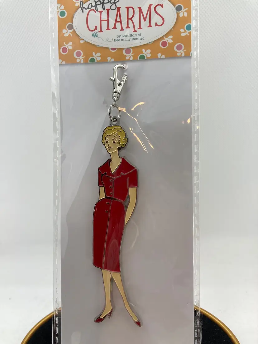 Lori Holt Enamel Happy Lady Charm Retro Style Vintage Lady for Zipper, Key Chain or Fob