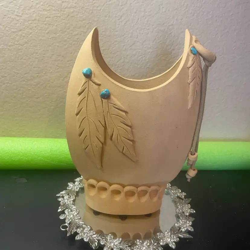 1970 Artist Signed 9” Southwestern-style bisque or terracotta decorative pottery vase w/ feather motifs and faux turquoise stone accents