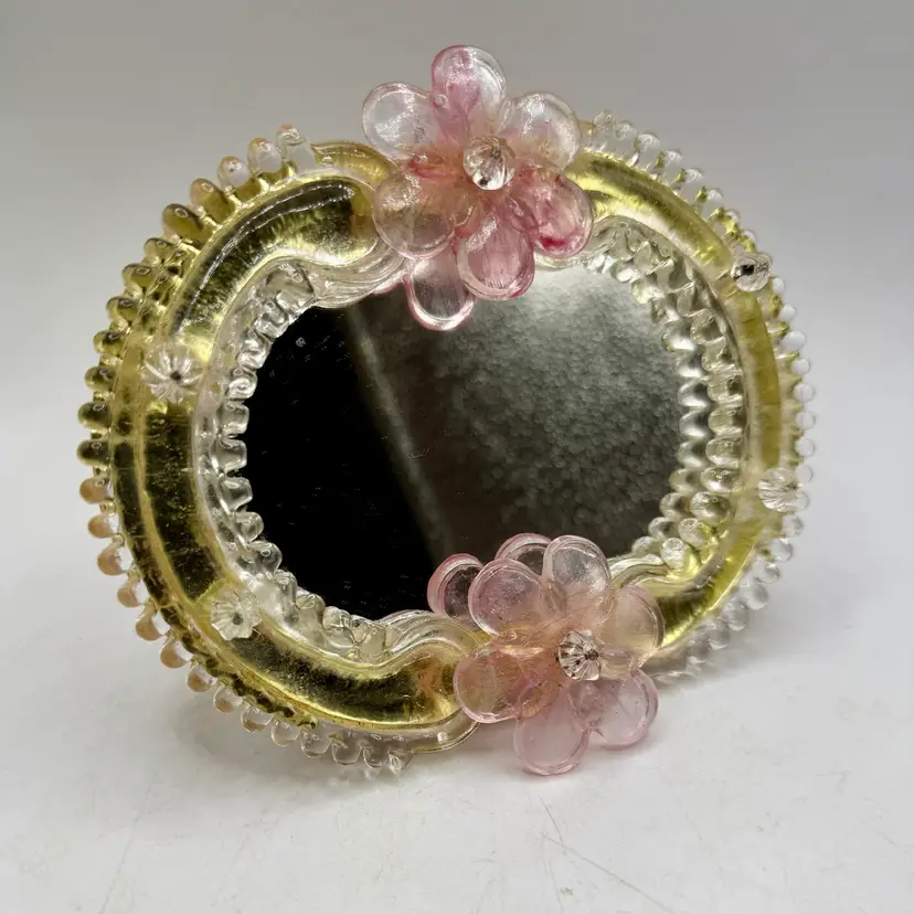 Vtg Venetian Murano Art Glass Table Vanity Mirror Pink Flowers Gold Fleck 6.5